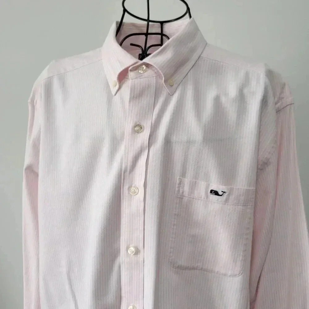 Vineyard Vines Button Down Shirt Large Men's Pink White Striped Slim Fit Tucker - Picture 2 of 4